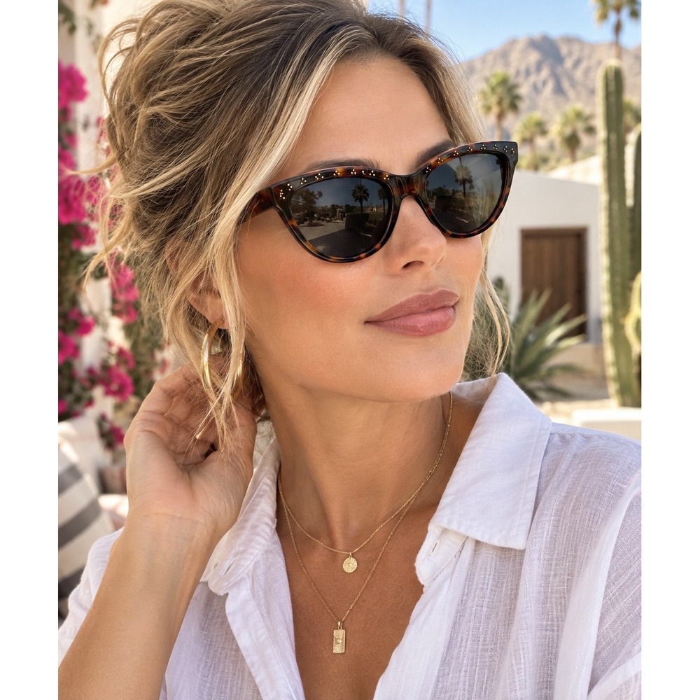 Sydney Love SY58 Tortoise Cat Eye Sunglasses Gold Stud Accents Womens
